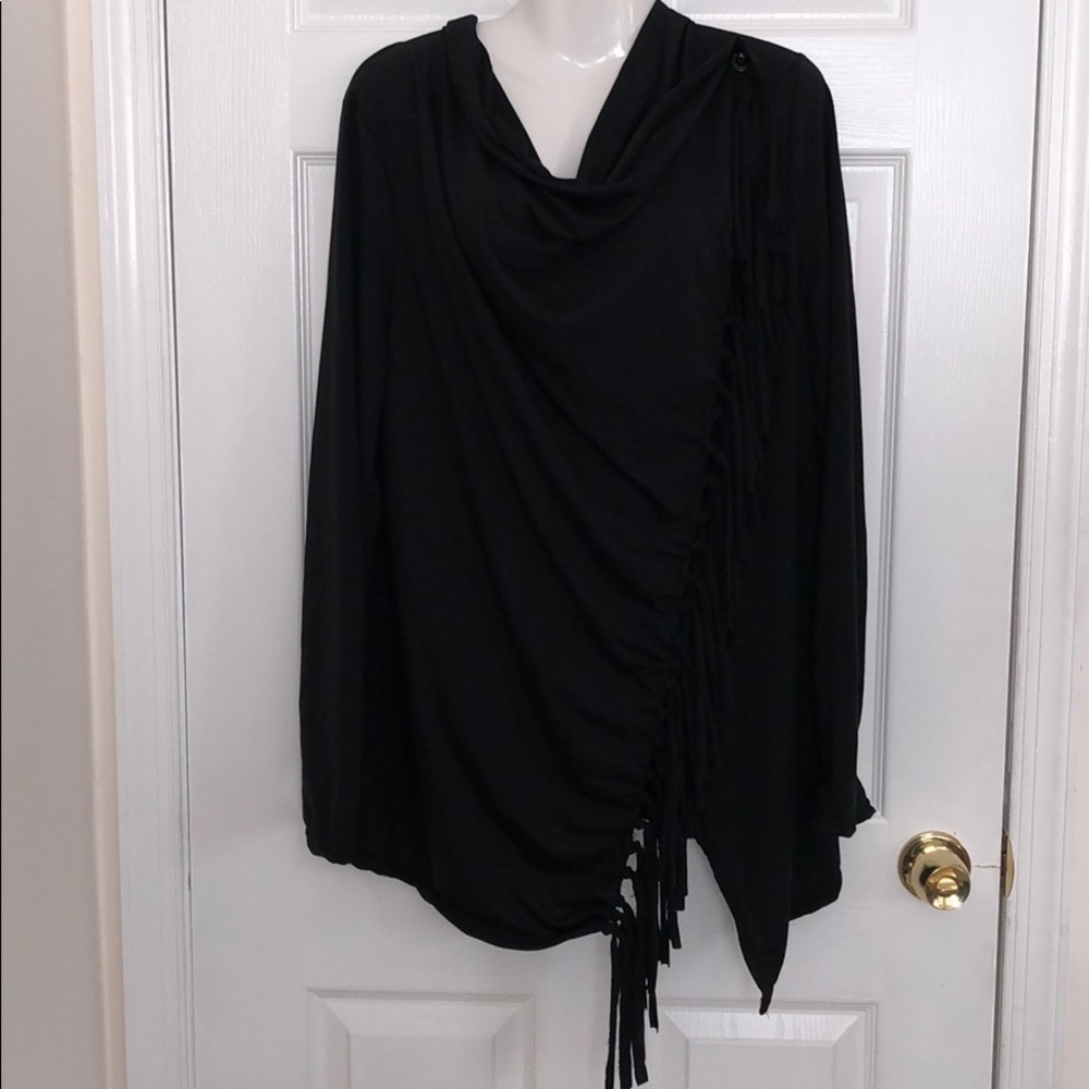 Black Buttoned Slouch Neck Cardigan with Fringe